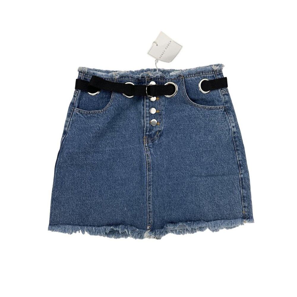 Honey Punch - Eyelet Belted Mini Skirt in Blue & Black